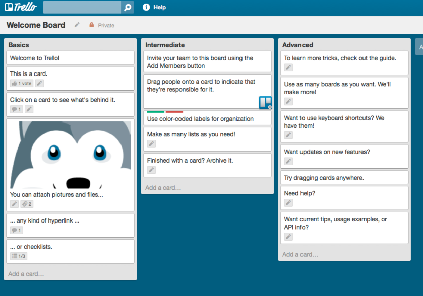 Screen shot of Trello's Welcome Board showing the different features